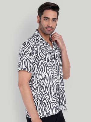 Stysure abstract print cuban collar shirt, short sleeve poly cotton blend, charcoal & white colorblock, regular fit 2