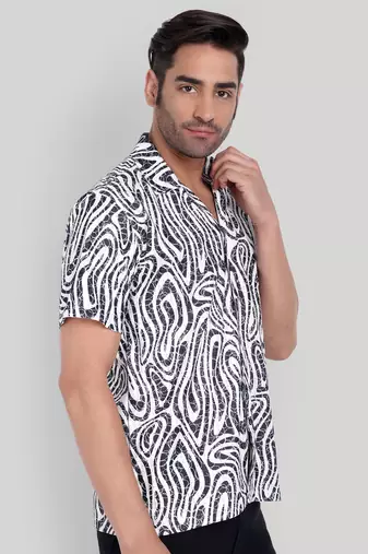 Stysure abstract print cuban collar shirt, short sleeve poly cotton blend, charcoal & white colorblock, regular fit