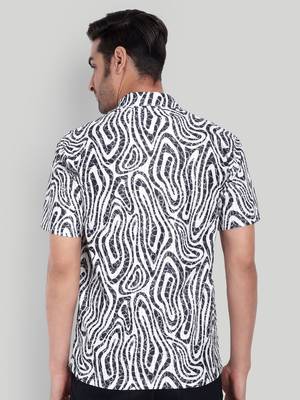 Stysure abstract print cuban collar shirt, short sleeve poly cotton blend, charcoal & white colorblock, regular fit 3