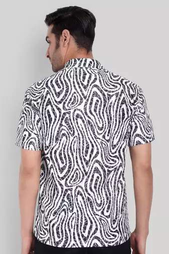 Stysure abstract print cuban collar shirt, short sleeve poly cotton blend, charcoal & white colorblock, regular fit