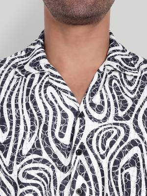 Stysure abstract print cuban collar shirt, short sleeve poly cotton blend, charcoal & white colorblock, regular fit 4