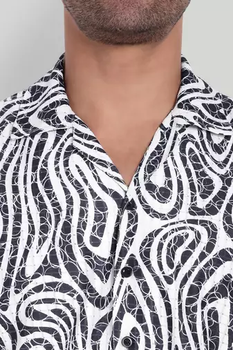 Stysure abstract print cuban collar shirt, short sleeve poly cotton blend, charcoal & white colorblock, regular fit