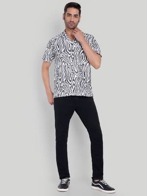Stysure abstract print cuban collar shirt, short sleeve poly cotton blend, charcoal & white colorblock, regular fit 5