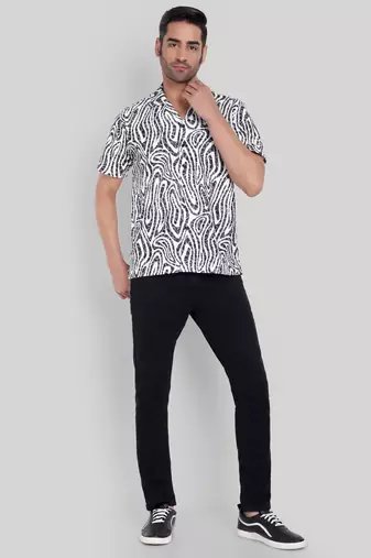 Stysure abstract print cuban collar shirt, short sleeve poly cotton blend, charcoal & white colorblock, regular fit