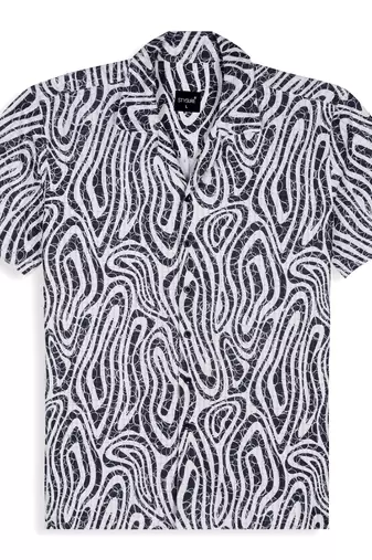 Stysure abstract print cuban collar shirt, short sleeve poly cotton blend, charcoal & white colorblock, regular fit