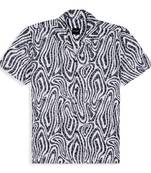 Stysure abstract print cuban collar shirt, short sleeve poly cotton blend, charcoal & white colorblock, regular fit