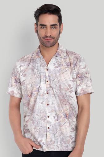 Stysure regular fit floral print shirt, short sleeve lavender cuban collar shirt, breathable fabric casual shirts