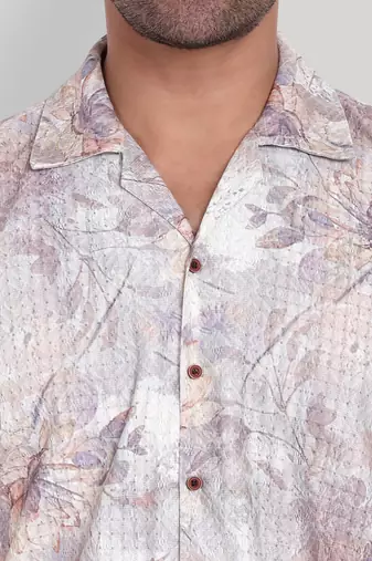 Stysure regular fit floral print shirt, short sleeve lavender cuban collar shirt, breathable fabric casual shirts