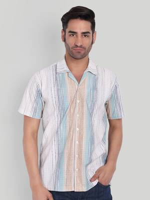 Stysure striped casual shirt, short sleeve tea green breton stripe cuban collar, regular fit cotton blend casual shirts 1