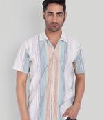 Stysure striped casual shirt, short sleeve tea green breton stripe cuban collar, regular fit cotton blend casual shirts