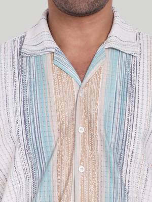 Stysure striped casual shirt, short sleeve tea green breton stripe cuban collar, regular fit cotton blend casual shirts 4