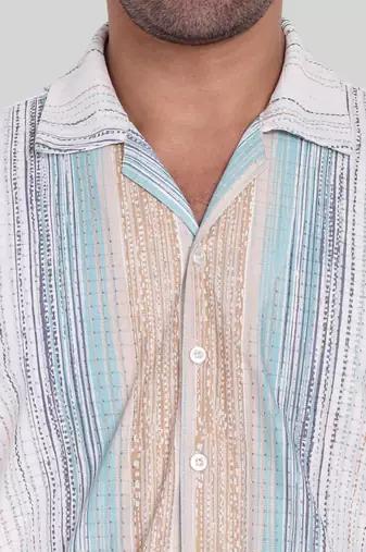 Stysure striped casual shirt, short sleeve tea green breton stripe cuban collar, regular fit cotton blend casual shirts