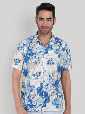 Stysure foliage botanical shirt, short sleeve indigo blue mesh texture cuban collar, regular fit casual shirts 1