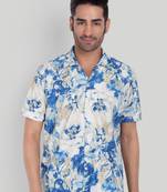 Stysure foliage botanical shirt, short sleeve indigo blue mesh texture cuban collar, regular fit casual shirts