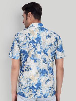 Stysure foliage botanical shirt, short sleeve indigo blue mesh texture cuban collar, regular fit casual shirts 2