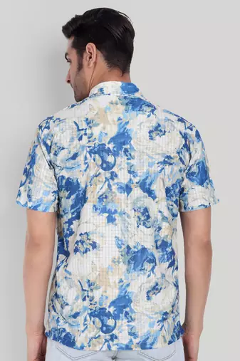 Stysure foliage botanical shirt, short sleeve indigo blue mesh texture cuban collar, regular fit casual shirts