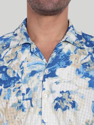 Stysure foliage botanical shirt, short sleeve indigo blue mesh texture cuban collar, regular fit casual shirts 3