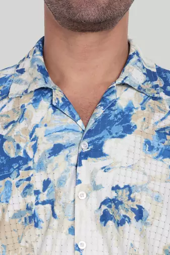 Stysure foliage botanical shirt, short sleeve indigo blue mesh texture cuban collar, regular fit casual shirts