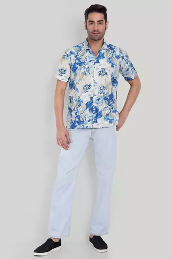 Stysure foliage botanical shirt, short sleeve indigo blue mesh texture cuban collar, regular fit casual shirts
