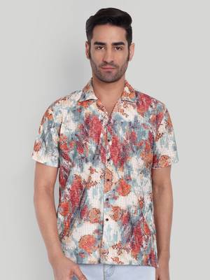 Stysure textured abstract shirt, short sleeve orange rust tonal print cuban collar, regular fit casual shirts 1