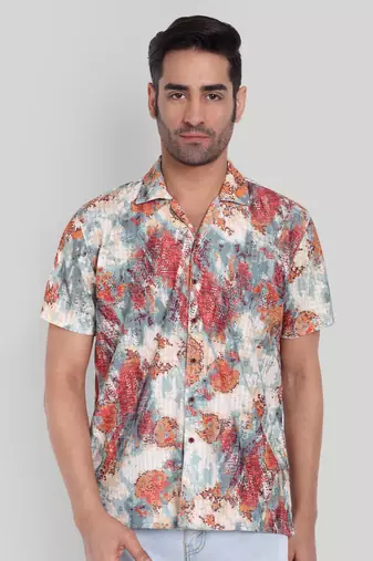 Stysure textured abstract shirt, short sleeve orange rust tonal print cuban collar, regular fit casual shirts