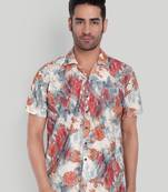 Stysure textured abstract shirt, short sleeve orange rust tonal print cuban collar, regular fit casual shirts