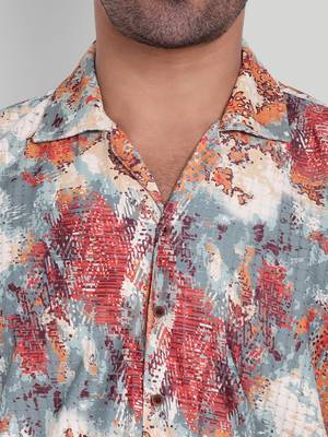 Stysure textured abstract shirt, short sleeve orange rust tonal print cuban collar, regular fit casual shirts 3