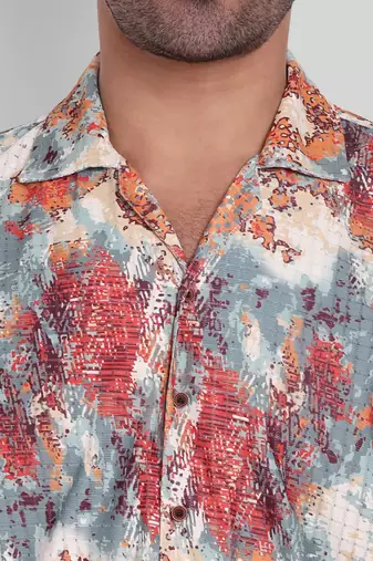 Stysure textured abstract shirt, short sleeve orange rust tonal print cuban collar, regular fit casual shirts