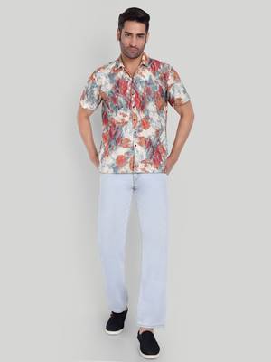 Stysure textured abstract shirt, short sleeve orange rust tonal print cuban collar, regular fit casual shirts 4