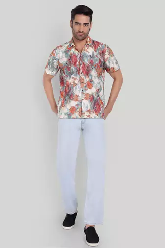 Stysure textured abstract shirt, short sleeve orange rust tonal print cuban collar, regular fit casual shirts