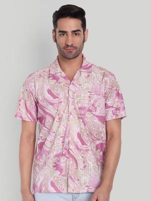 Stysure swirling abstract pattern shirt, short sleeve pink/light red ombre cuban collar, regular fit casual shirts 1