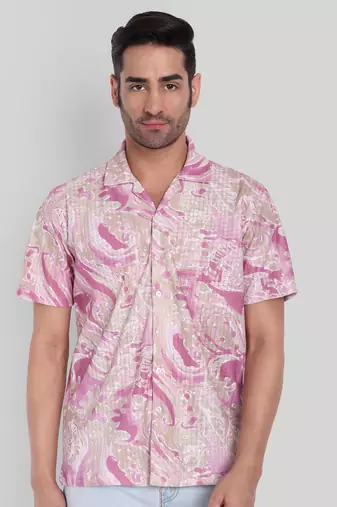 Stysure swirling abstract pattern shirt, short sleeve pink/light red ombre cuban collar, regular fit casual shirts