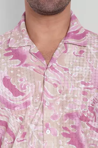 Stysure swirling abstract pattern shirt, short sleeve pink/light red ombre cuban collar, regular fit casual shirts