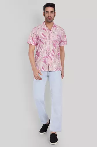 Stysure swirling abstract pattern shirt, short sleeve pink/light red ombre cuban collar, regular fit casual shirts