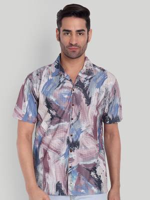 Stysure geometric color block shirt, short sleeve indigo dusk stylized cuban collar, regular fit casual shirts 1