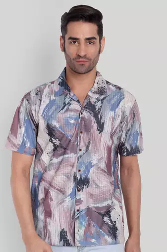 Stysure geometric color block shirt, short sleeve indigo dusk stylized cuban collar, regular fit casual shirts