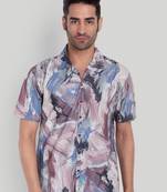 Stysure geometric color block shirt, short sleeve indigo dusk stylized cuban collar, regular fit casual shirts