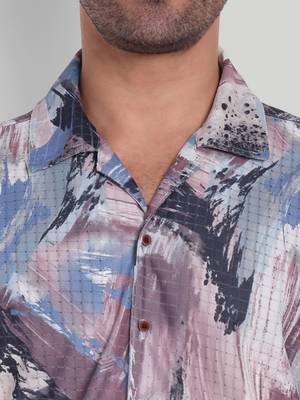 Stysure geometric color block shirt, short sleeve indigo dusk stylized cuban collar, regular fit casual shirts 3