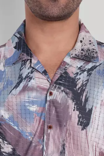 Stysure geometric color block shirt, short sleeve indigo dusk stylized cuban collar, regular fit casual shirts