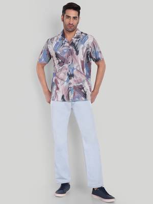 Stysure geometric color block shirt, short sleeve indigo dusk stylized cuban collar, regular fit casual shirts 4