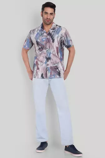 Stysure geometric color block shirt, short sleeve indigo dusk stylized cuban collar, regular fit casual shirts