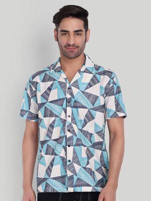 Stysure geometric triangle pattern shirt, short sleeve soft lilac mist cuban collar, regular fit casual shirts 1