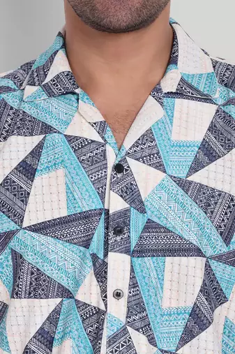 Stysure geometric triangle pattern shirt, short sleeve soft lilac mist cuban collar, regular fit casual shirts