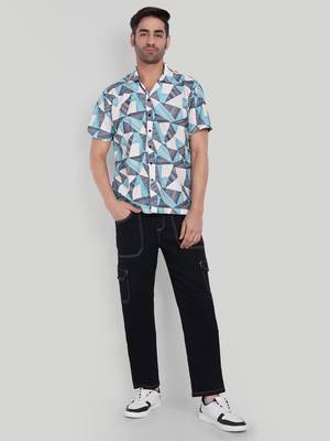 Stysure geometric triangle pattern shirt, short sleeve soft lilac mist cuban collar, regular fit casual shirts 4