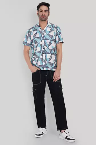Stysure geometric triangle pattern shirt, short sleeve soft lilac mist cuban collar, regular fit casual shirts