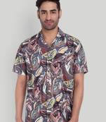 Stysure geometric zig-zag line shirt, short sleeve dusk violet brown complex pattern cuban collar casual shirts