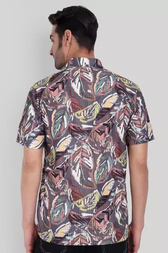 Stysure geometric zig-zag line shirt, short sleeve dusk violet brown complex pattern cuban collar casual shirts