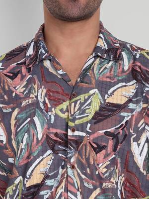 Stysure geometric zig-zag line shirt, short sleeve dusk violet brown complex pattern cuban collar casual shirts 3
