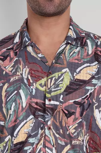 Stysure geometric zig-zag line shirt, short sleeve dusk violet brown complex pattern cuban collar casual shirts