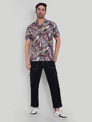 Stysure geometric zig-zag line shirt, short sleeve dusk violet brown complex pattern cuban collar casual shirts 4